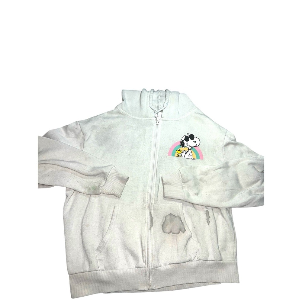 Peanuts Snoopy Good Vibes White Zip Up Hoodie Faded Multiple Stains See Pics Med